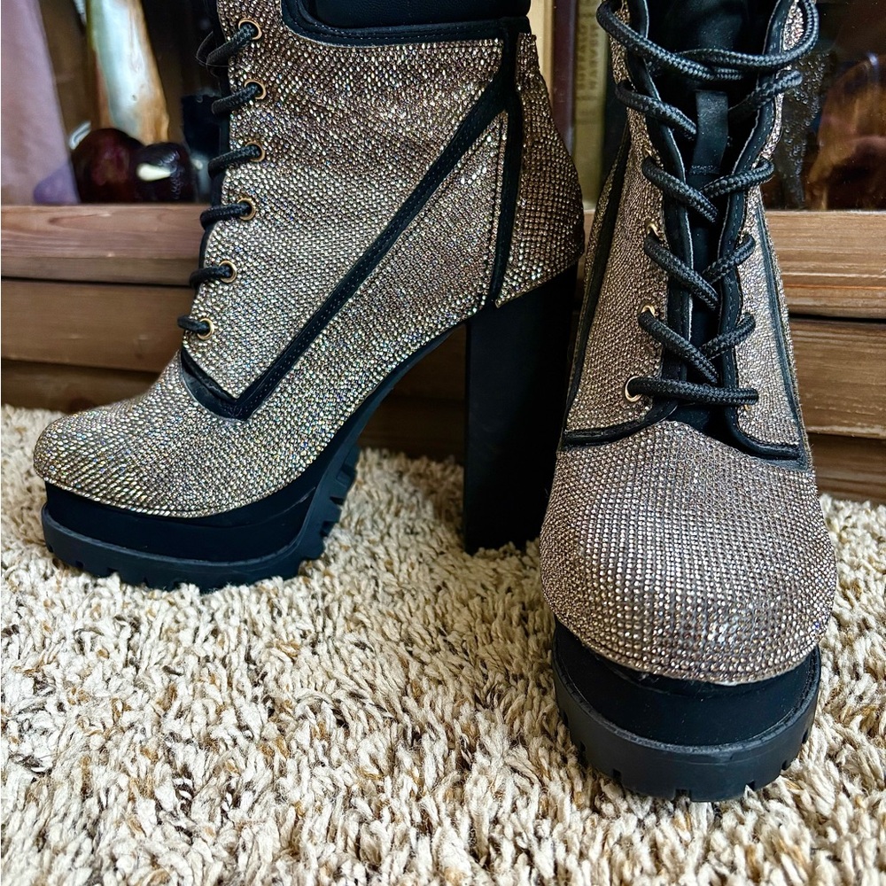 Wild Diva Rhinestone Platform Lace Up High Heel Boots